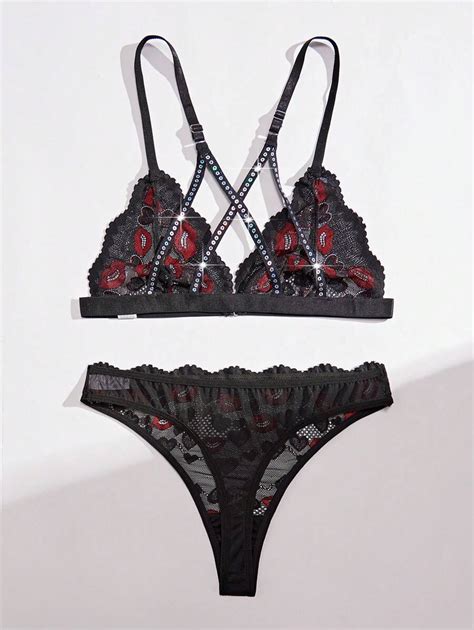 Women S Lip Printed Embroidery Lace Sexy Lingerie Set Valentine S Day Edition Shein Usa