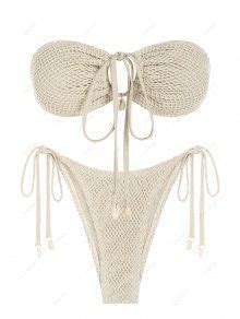 Women S Fishnet Halter Bandeau Multiway Convertible Collar Shell Decorated Tie Side Tanga Bikini