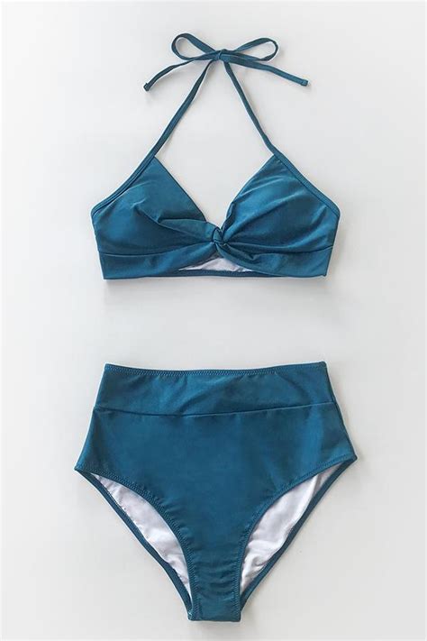 Bikini taille haute à licou et dos nu bleu Cupshe France