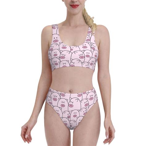 High Waisted Bikini Sets For Women Pink Cute Pigs Swimsuits Tummy Control Two Pieces Bathing