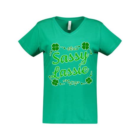 Inktastic Sassy Lassy With Green 4 Leaf Clovers Womens V Neck T Shirt