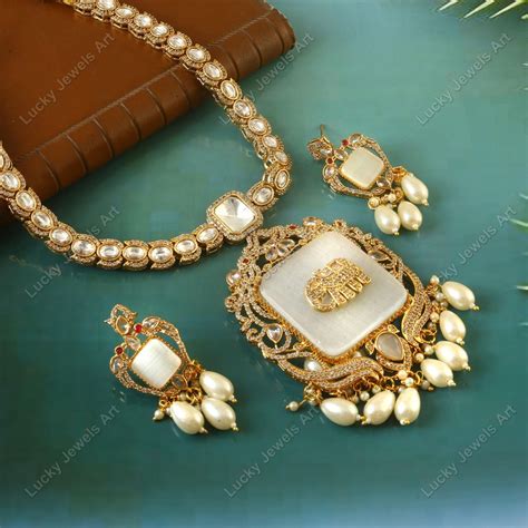 kt gold plated monalisa pearl necklace set cubic zircon solitaire etsy