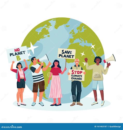 Environmental Activists Draw Attention To Climate Change. Vector Flat