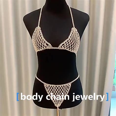 Sexy Rhinestone Body Chain Bra And Thong Panties For Women Flower Shape Crystal Underwear Bikini