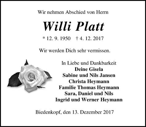 Traueranzeigen Von Willi Platt Vrm Trauer De