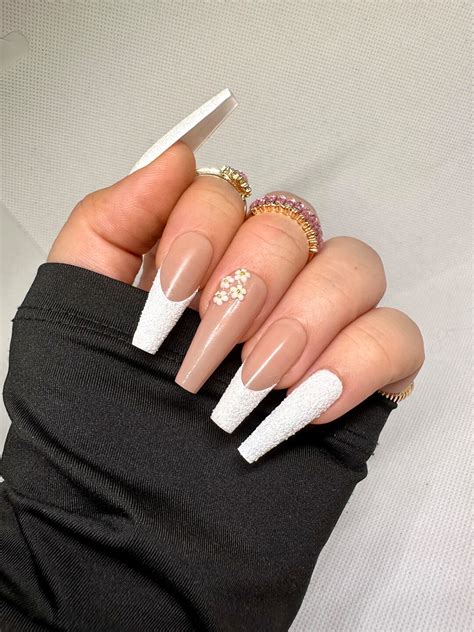 Press On Nails Wedding Bridal Press On Nails Nude And White Nails White Glitter French Tip