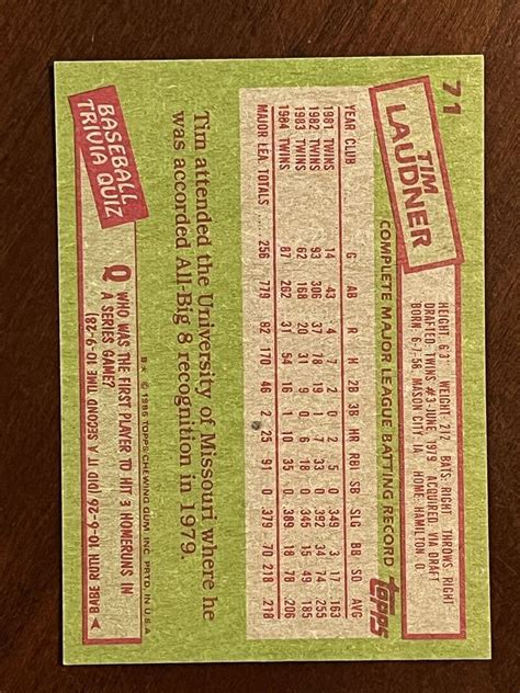 1985 Topps Baseball 71 Tim Laudner Minnesota Twins EBay