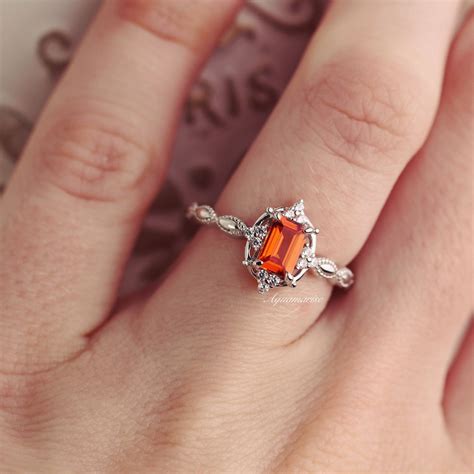 Orange Sapphire Engagement Ring For Women Sterling Silver Orange Unique