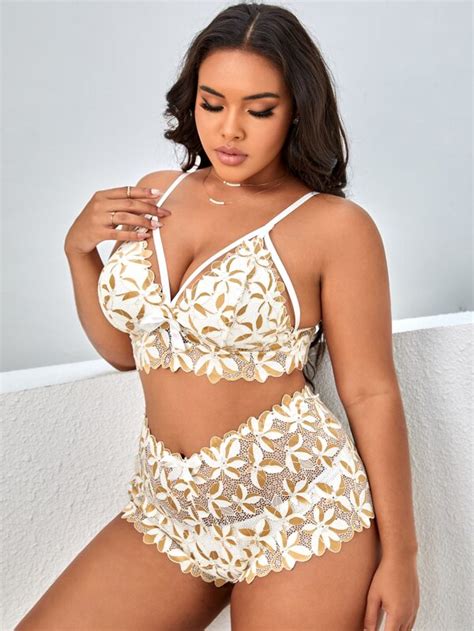 Plus Allover Print Mesh Lingerie Set Shein Usa