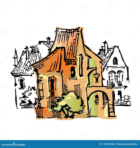 Old Town Cartoon Style Sketch Stock Vector Illustration Of European