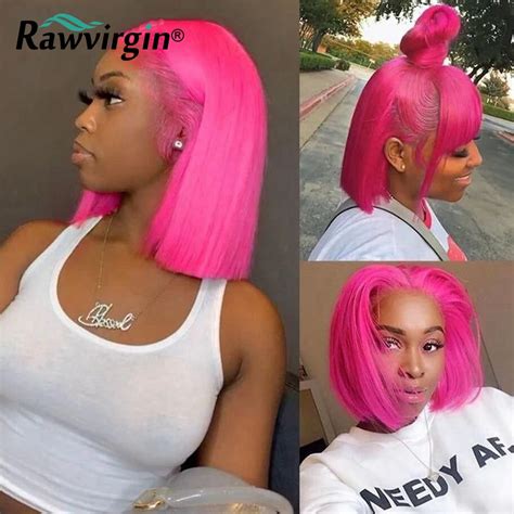 Hot Pink Colored Short Bob Raw 13x4 Lace Front Wigs For Women Human