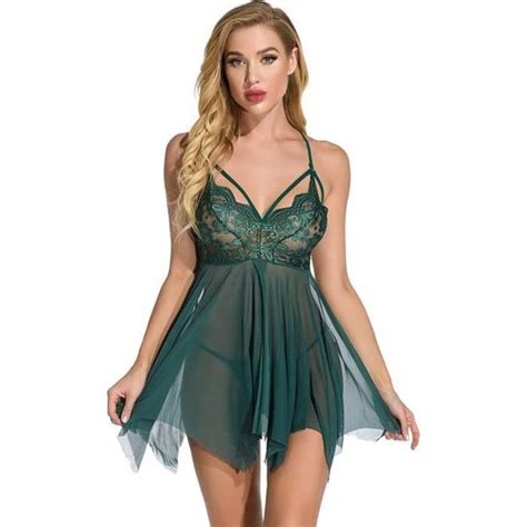 Femme Nuisette Nuit de Noce Babydoll Lingerie Sexy en Dentelle Maille asymétrique Ouverte Devant