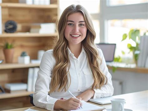 A Woman With Long Blonde Hair Sits At A Desk With A Laptop And A Coffee Cup Behind Her Premium