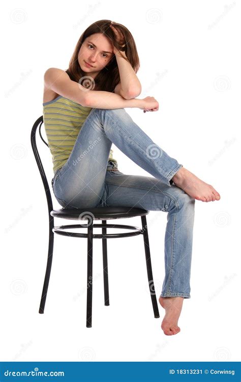 Girl In Green Stripy Top Sit On Stool Touchs Hair Stock Image Image