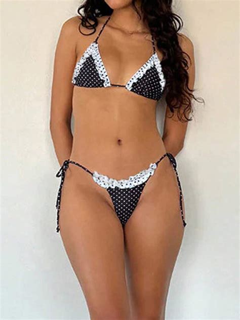 Women S Summer Bikini Set Mini Dot Print Lace Trim Halter Bra With Tie Up Thong Swimsuit Bathing