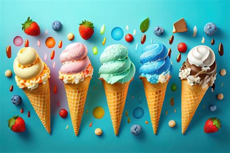 Selección de varios helados multicolores brillantes en conos de helado