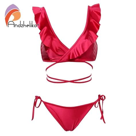 29b Andzhelika Sexy Red Ruffle Bikinis Women Swimsuit Bandage Bikini Set Brazilian Two Pieces