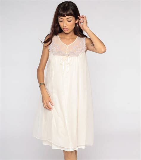 Off White Nightgown Lingerie Filmy Slip Dress 70s Bab Gem