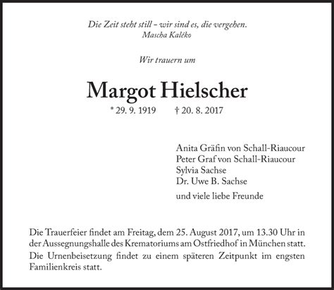 Traueranzeigen Von Margot Hielscher Sz Gedenken De