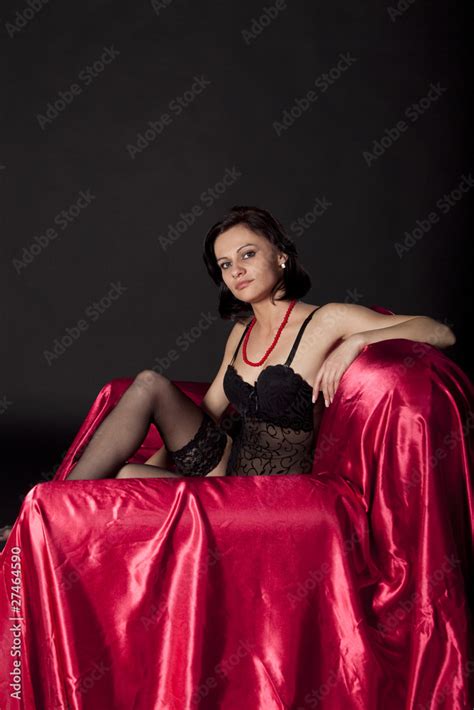 Sexy Woman In Black Lingerie On Satin Bed Stock Photo Adobe Stock