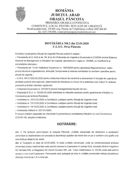 Hot R Rea Nr A Comitetului Local Pentru Situa Ii De Urgen P Ncota P Ncota