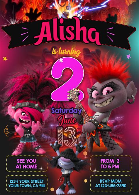 Trolls World Tour Invitation Troll Birthday Party Invitation Etsy