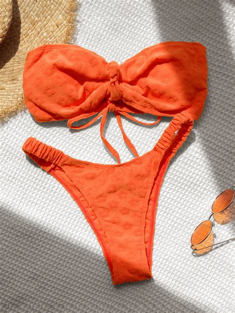 Sexy Bandeau Bikini Women Front Tie Orange White Push Up Micro Swimsuit Brazilian Cutout