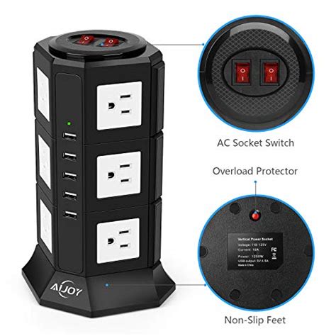 AiJoy Surge Protector Tower Power Strip 12 AC Outlets With 5 USB Ports