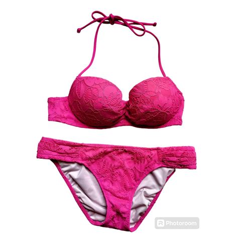 Victoria Secret Swimsuit Hot Pink Bikini Set Size 32B Gem