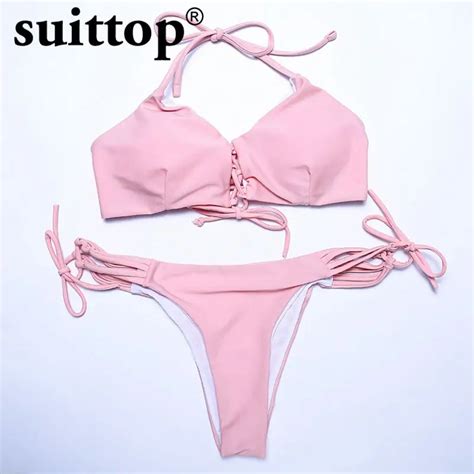 Suittop Bikini 2017 Summer Bathing Suit New Sexy Solid Pink Women Swimwear Beadeau Bikini Set