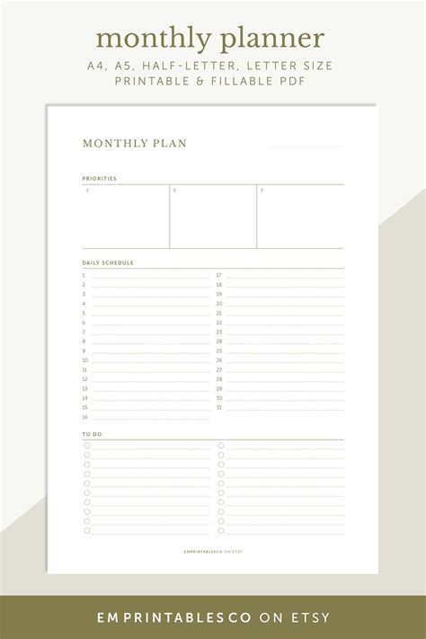 Monthly Planner Daily Schedule Monthly Checklist Monthly Schedule To Do
