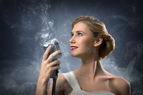 Beautiful Blonde Woman Singer With A Microphone Stock Photo Image Of Karaoke Gorgeous