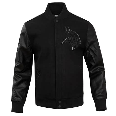 minnesota vikings triple black wool leather varsity jacket