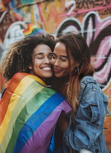 Duas Mulheres L Sbicas Demonstrando Na Rua A Bandeira Do Arco Ris Do Orgulho Gay Lgbt