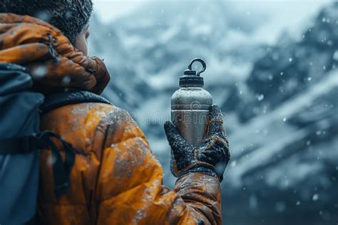 The Mountaineer Who Is About To Conquer The Cold Summit Is Holding A Hot Water Bottle Stock