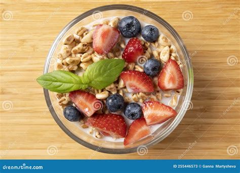granola bowl  fresh fruits  yogurt healthy eating stock image