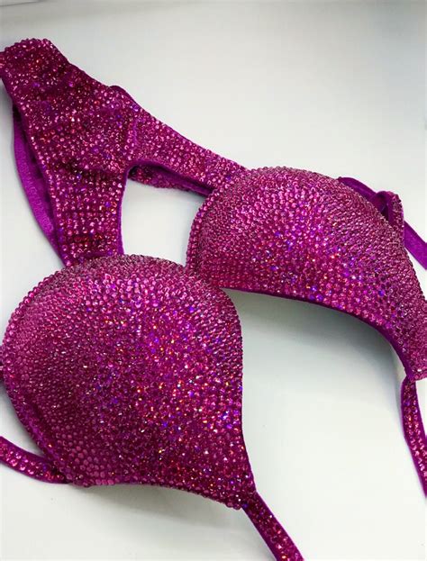 Fuchsia Bikini Suit Competition Bikini Set Rhinestone Fitness
