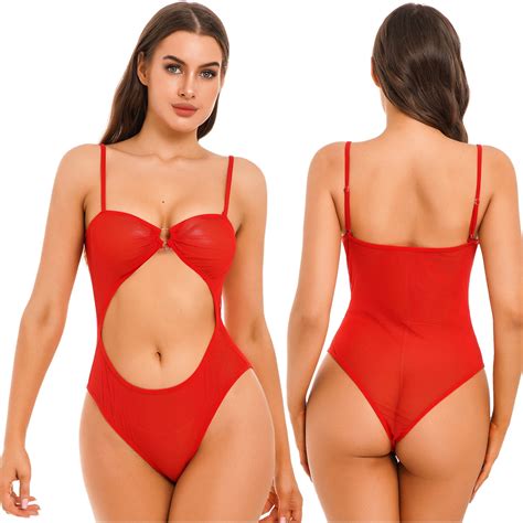 Lady Sexy Sheer Mesh Lingerie Bodysuit See Through O Ring Hollow Out Leotard Solid Color High