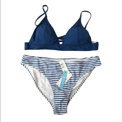 Cupshe Swim Nwt Cupshe Bikini Blue Top With Blue And White Strip Bottom Xxl Poshmark