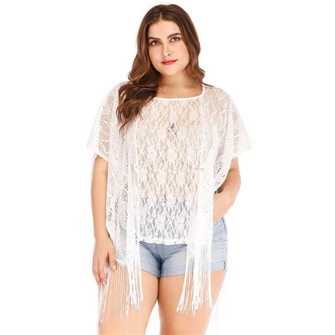 Sexy Plus Size Women Beach Cover Up Floral Lace Fringed Sheer Bikini Top Swimsuit Coverups