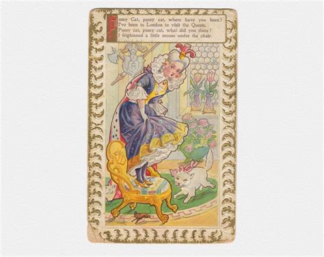 1910 Pussy Cat Nursery Rhyme Chromo Postcard Antique Edwardian Embossed Foil Chromolithographic