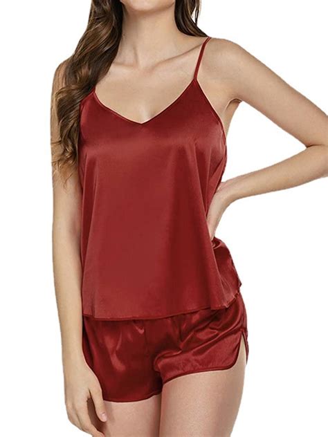Luxtrada Womens Sleepwear Sexy Lingerie Camisole Satin Pajamas Cami Shorts Set Nightwear Red S