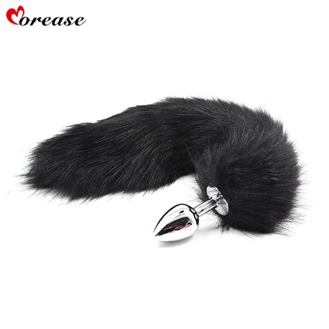 Morease Stainless Steel Butt Plug Black Fox Tail Anal Plug Smooth Fur