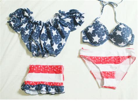 Fashion American Flag Star Print Off Shoulder Halter Two Piece Bikini On Luulla