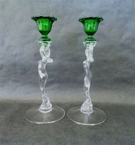 Pair Vintage Cambridge Glass Nude Statuesque Candlestick Crystal With Green
