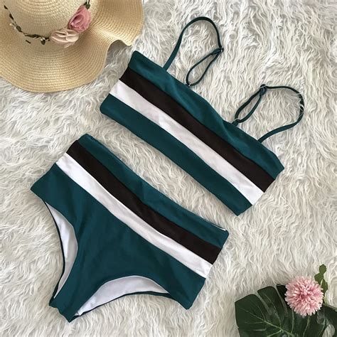 Free Shipping Sexy Retro Bandeau High Waist Striped Bikini Set Jkp