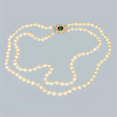 Double Strand Pearls 9ct Gold Tourmaline Clasp Vintage 17" Two Strand