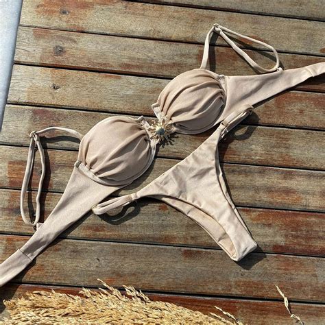 Brownm Three Point Solid Color Bikini Sexy Split Swimsuit Women With Adjustable Low Waist