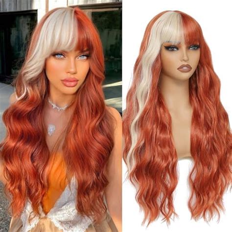 Amazon Meiliprotea Long Wavy Orange Wig With Bangs Inches Auburn With Blonde Highlight