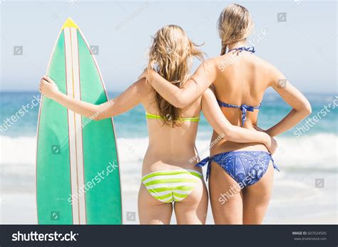 Rear View Two Women Bikini Standing Stock Photo 607024505 Shutterstock